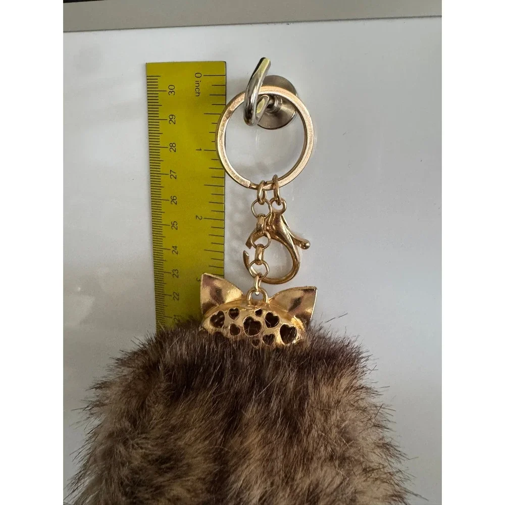 Gold Tone Fox Faux Fur Pom Pom Bag Charm Keychain Rhinestone Pearl Brown Tan